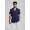 imageMens Casual Linen Button Down Short Sleeve Shirts Beach Summer Spread Collar Pocket TopsXnavy Blue