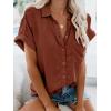 imageWomens Button Down Casual Shirts Cotton Short Sleeve Blouses Solid Summer Tops with PocketBrick Red