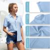 imageWomens Casual Cotton Linen Button Down Short Sleeve Shirts Solid Summer Beach Blouses Tops with PocketSky Blue