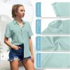 imageWomens Casual Cotton Linen Button Down Short Sleeve Shirts Solid Summer Beach Blouses Tops with PocketTeal