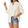 imageWomens Casual Linen Cotton Button Down Long Sleeve Shirts VNeck Collared Work Summer Blouse Tops with PocketsApricot