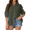 imageWomens Casual Linen Cotton Button Down Long Sleeve Shirts VNeck Collared Work Summer Blouse Tops with PocketsArmy Green