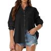 imageWomens Casual Linen Cotton Button Down Long Sleeve Shirts VNeck Collared Work Summer Blouse Tops with PocketsBlack