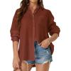 imageWomens Casual Linen Cotton Button Down Long Sleeve Shirts VNeck Collared Work Summer Blouse Tops with PocketsBrick Red