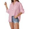 imageWomens Casual Linen Cotton Button Down Long Sleeve Shirts VNeck Collared Work Summer Blouse Tops with PocketsPink