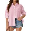 imageWomens Casual Linen Cotton Button Down Long Sleeve Shirts VNeck Collared Work Summer Blouse Tops with PocketsPink