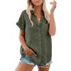 imageWomens Button Down Casual Shirts Cotton Short Sleeve Blouses Solid Summer Tops with PocketArmy Green