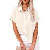 imageWomens Casual Cotton Linen Button Down Short Sleeve Shirts Solid Summer Beach Blouses Tops with PocketApricot