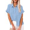 imageWomens Casual Cotton Linen Button Down Short Sleeve Shirts Solid Summer Beach Blouses Tops with PocketSky Blue