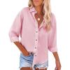 imageWomens Casual Linen Cotton Button Down Long Sleeve Shirts VNeck Collared Work Summer Blouse Tops with PocketsPink