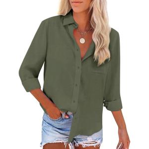 imageButton Down Shirts for Women Long Sleeve Dress Blouse Casual Solid Office Work TopsArmy Green