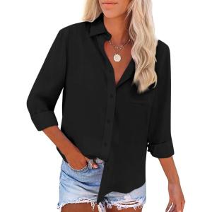 imageButton Down Shirts for Women Long Sleeve Dress Blouse Casual Solid Office Work TopsBlack