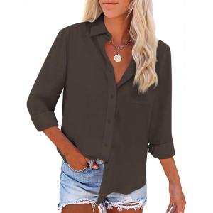 imageButton Down Shirts for Women Long Sleeve Dress Blouse Casual Solid Office Work TopsCoffee