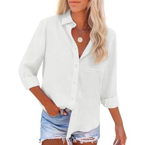 imageButton Down Shirts for Women Long Sleeve Dress Blouse Casual Solid Office Work TopsWhite