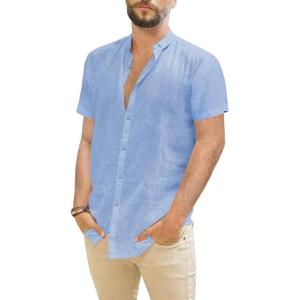 imageMens Casual Linen Button Down Short Sleeve Shirts Beach Summer Spread Collar Pocket TopsBlue