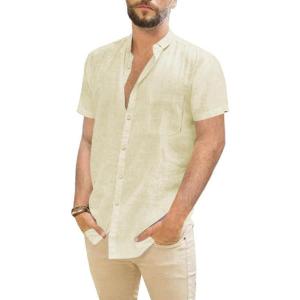 imageMens Casual Linen Button Down Short Sleeve Shirts Beach Summer Spread Collar Pocket TopsPocketbeige