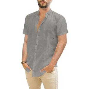 imageMens Casual Linen Button Down Short Sleeve Shirts Beach Summer Spread Collar Pocket TopsPocketgrey