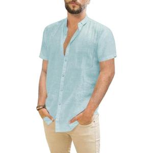 imageMens Casual Linen Button Down Short Sleeve Shirts Beach Summer Spread Collar Pocket TopsPocketmint Blue