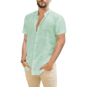 imageMens Casual Linen Button Down Short Sleeve Shirts Beach Summer Spread Collar Pocket TopsPocketmint Green