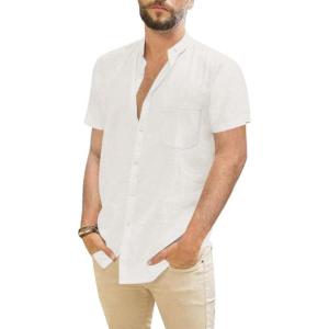 imageMens Casual Linen Button Down Short Sleeve Shirts Beach Summer Spread Collar Pocket TopsPocketwhite
