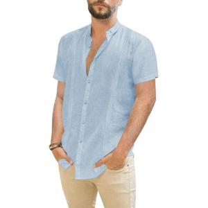 imageMens Casual Linen Button Down Short Sleeve Shirts Beach Summer Spread Collar Pocket TopsXmint Blue