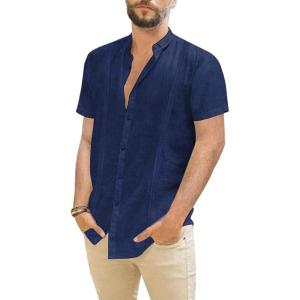 imageMens Casual Linen Button Down Short Sleeve Shirts Beach Summer Spread Collar Pocket TopsXnavy Blue