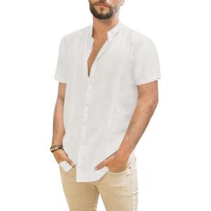 imageMens Casual Linen Button Down Short Sleeve Shirts Beach Summer Spread Collar Pocket TopsXwhite