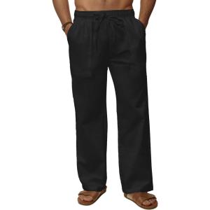 imageMens Casual Linen Pants Elastic Wasist Drawstring Lightweight Summer Beach Yoga Pants Trousers with PocketsBlack