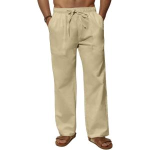 imageMens Casual Linen Pants Elastic Wasist Drawstring Lightweight Summer Beach Yoga Pants Trousers with PocketsKhaki