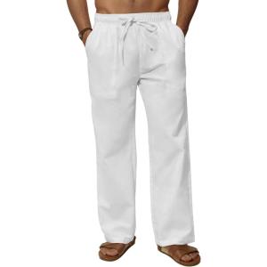imageMens Casual Linen Pants Elastic Wasist Drawstring Lightweight Summer Beach Yoga Pants Trousers with PocketsWhite