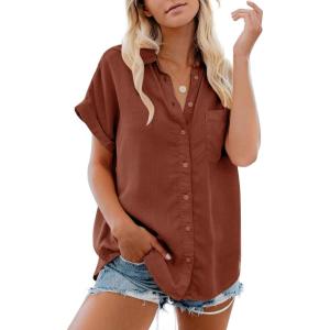 imageWomens Button Down Casual Shirts Cotton Short Sleeve Blouses Solid Summer Tops with PocketBrick Red