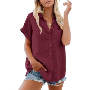 imageWomens Button Down Casual Shirts Cotton Short Sleeve Blouses Solid Summer Tops with PocketRed Wine