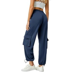 imageWomens Cargo Pants Water Resistant Lightweight Drawstring Hiking Joggers Base Jump Parachute PantsDark Blue