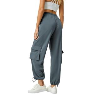 imageWomens Cargo Pants Water Resistant Lightweight Drawstring Hiking Joggers Base Jump Parachute PantsGrey