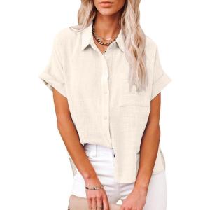 imageWomens Casual Cotton Linen Button Down Short Sleeve Shirts Solid Summer Beach Blouses Tops with PocketApricot