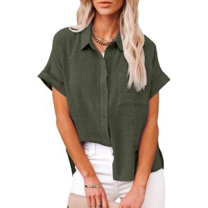 imageWomens Casual Cotton Linen Button Down Short Sleeve Shirts Solid Summer Beach Blouses Tops with PocketArmy Green