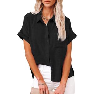 imageWomens Casual Cotton Linen Button Down Short Sleeve Shirts Solid Summer Beach Blouses Tops with PocketBlack