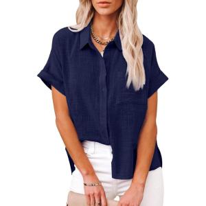 imageWomens Casual Cotton Linen Button Down Short Sleeve Shirts Solid Summer Beach Blouses Tops with PocketNavy Blue