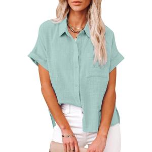 imageWomens Casual Cotton Linen Button Down Short Sleeve Shirts Solid Summer Beach Blouses Tops with PocketTeal