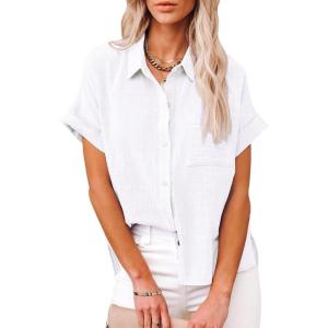 imageWomens Casual Cotton Linen Button Down Short Sleeve Shirts Solid Summer Beach Blouses Tops with PocketWhite