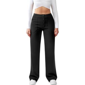 imageWomens Casual High Waist Straight Leg Pants Stretchy Button Business Dress Work Pocket TrousersBlack