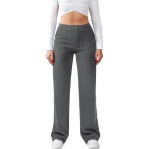 imageWomens Casual High Waist Straight Leg Pants Stretchy Button Business Dress Work Pocket TrousersDark Grey