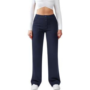 imageWomens Casual High Waist Straight Leg Pants Stretchy Button Business Dress Work Pocket TrousersNavy Blue