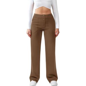 imageWomens Casual High Waist Straight Leg Pants Stretchy Button Business Dress Work Pocket TrousersNew Brown