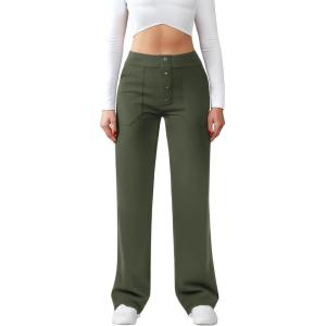 imageWomens Casual High Waist Straight Leg Pants Stretchy Button Business Dress Work Pocket TrousersOlivegreen