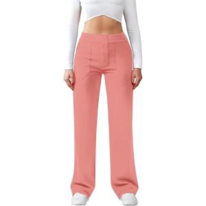 imageWomens Casual High Waist Straight Leg Pants Stretchy Button Business Dress Work Pocket TrousersPink