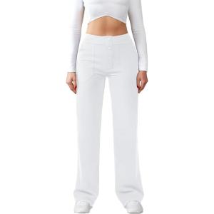 imageWomens Casual High Waist Straight Leg Pants Stretchy Button Business Dress Work Pocket TrousersWhite