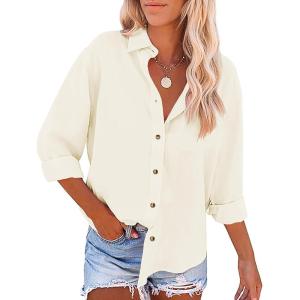 imageWomens Casual Linen Cotton Button Down Long Sleeve Shirts VNeck Collared Work Summer Blouse Tops with PocketsApricot