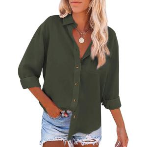 imageWomens Casual Linen Cotton Button Down Long Sleeve Shirts VNeck Collared Work Summer Blouse Tops with PocketsArmy Green