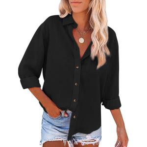 imageWomens Casual Linen Cotton Button Down Long Sleeve Shirts VNeck Collared Work Summer Blouse Tops with PocketsBlack